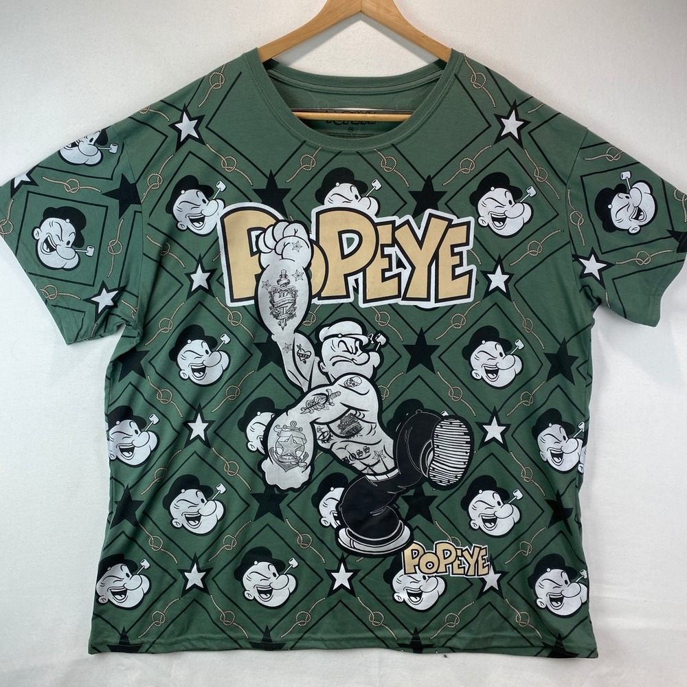 Popeye Sailor Man All Over Print Graphic T-Shirt Mens 4XL Green Tattoo VTG Style